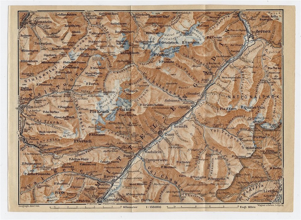 1930 Original Vintage Map Of Vicinity Of Samedan Zernez Engadin / Switzerland