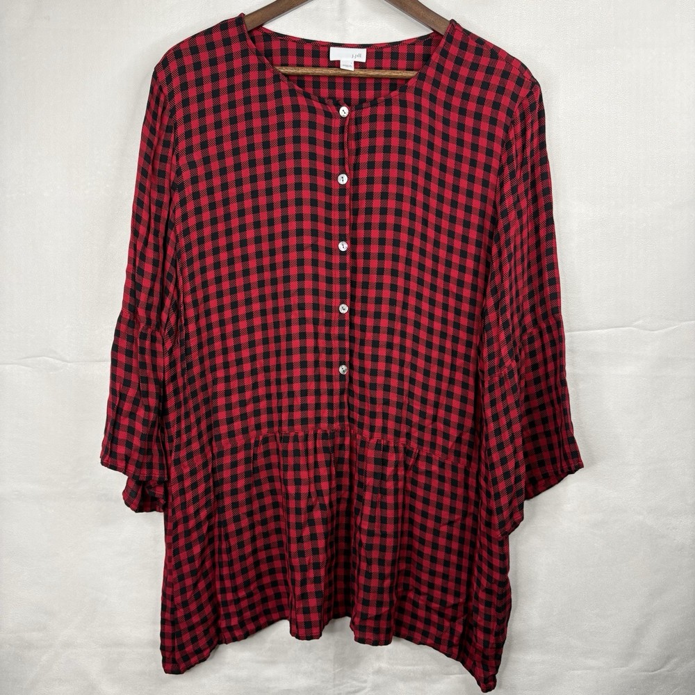 J.Jill J Jill Womens XL Red Black Buffalo Plaid Tunic Top Rayon Boho Peplum