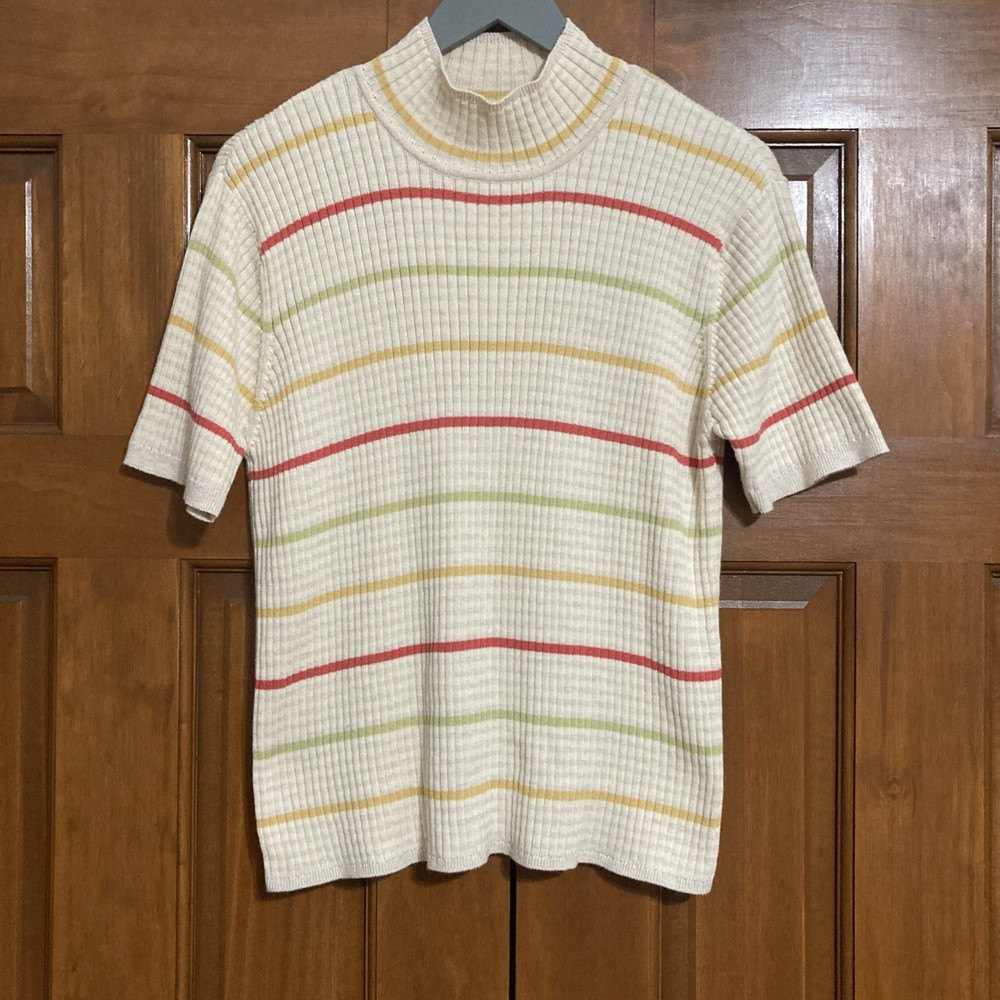 VTG Talbots Ribbed Cotton Mock Neck Striped Blouse Top Womens Size Large L