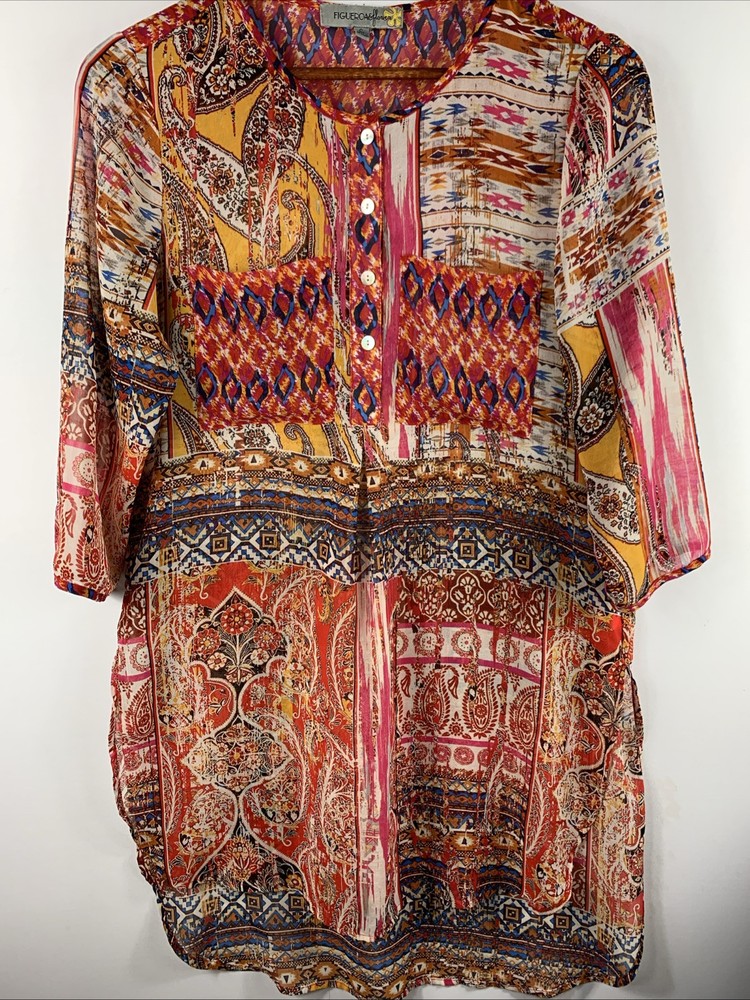 Figueroa and Flower Womens Small Abstract Colorful Sheer Tunic Top