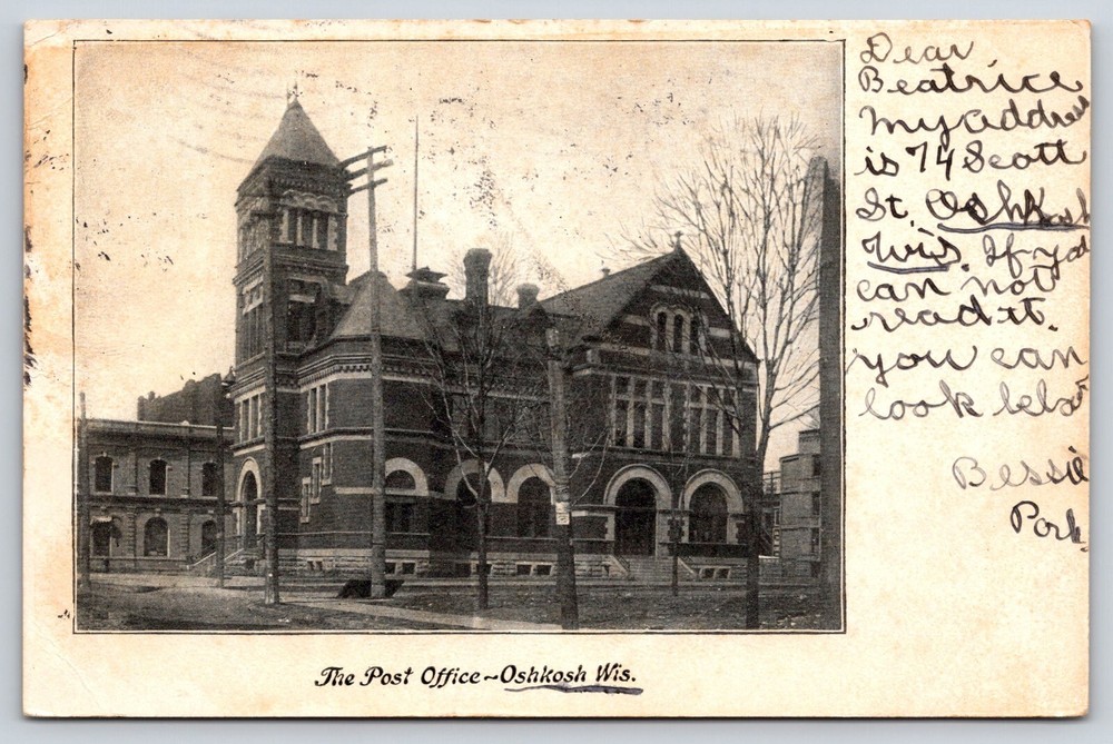 Original Old Vintage Antique Postcard Picture Post Office Oshkosh Wisconsin 1907