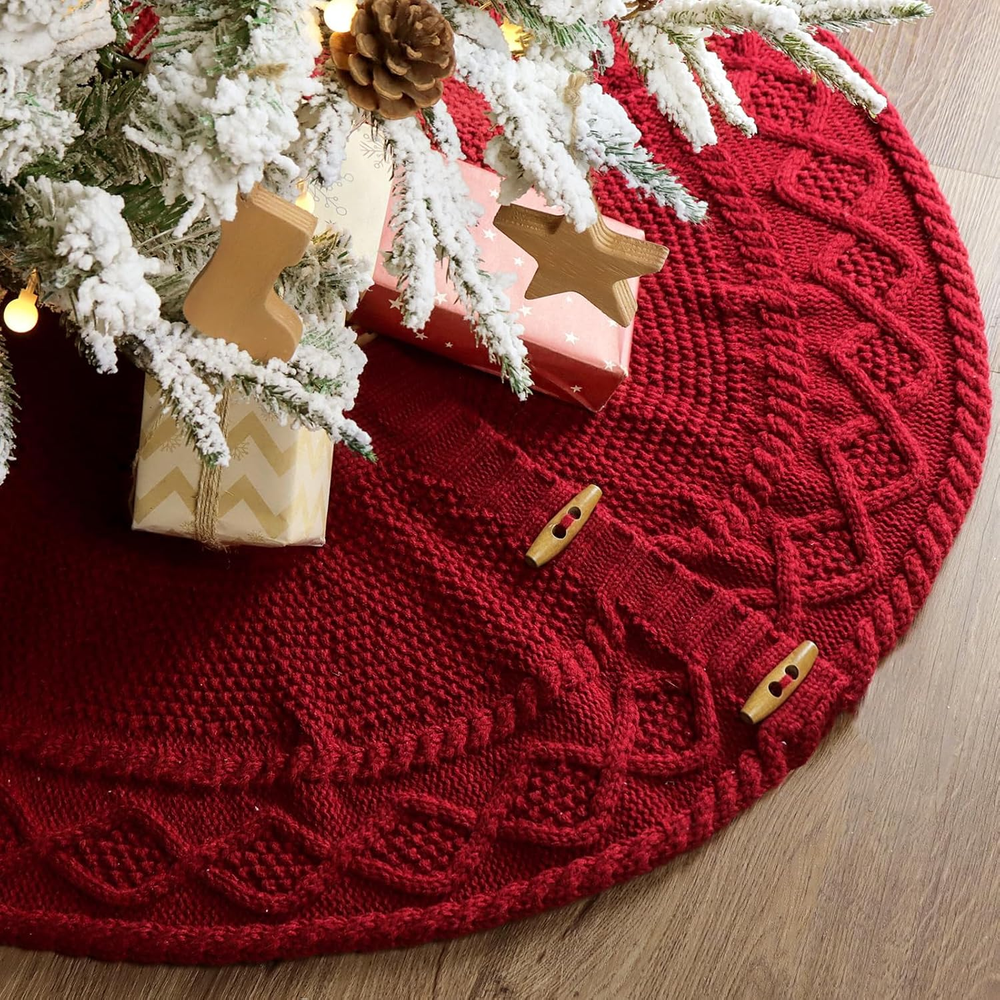 Knitted Christmas Tree Skirt: 36 Inches Wine Red Tree Skirt, Diamond Edge Cab..