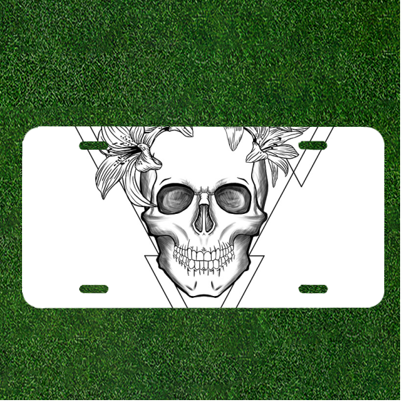 Custom Personalized Auto Tag With Amazing White Skull WIth Flowers Design