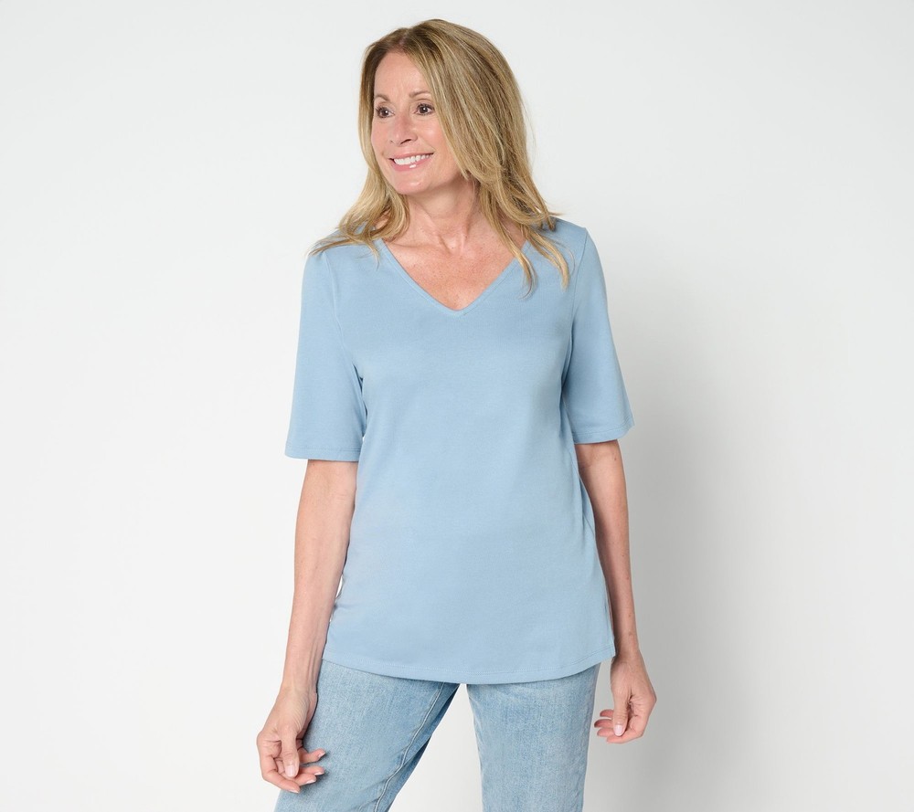 Belle by Kim Gravel Women's Top Sz L Jersey Elbow Sleeve V Neck Blue A695024
