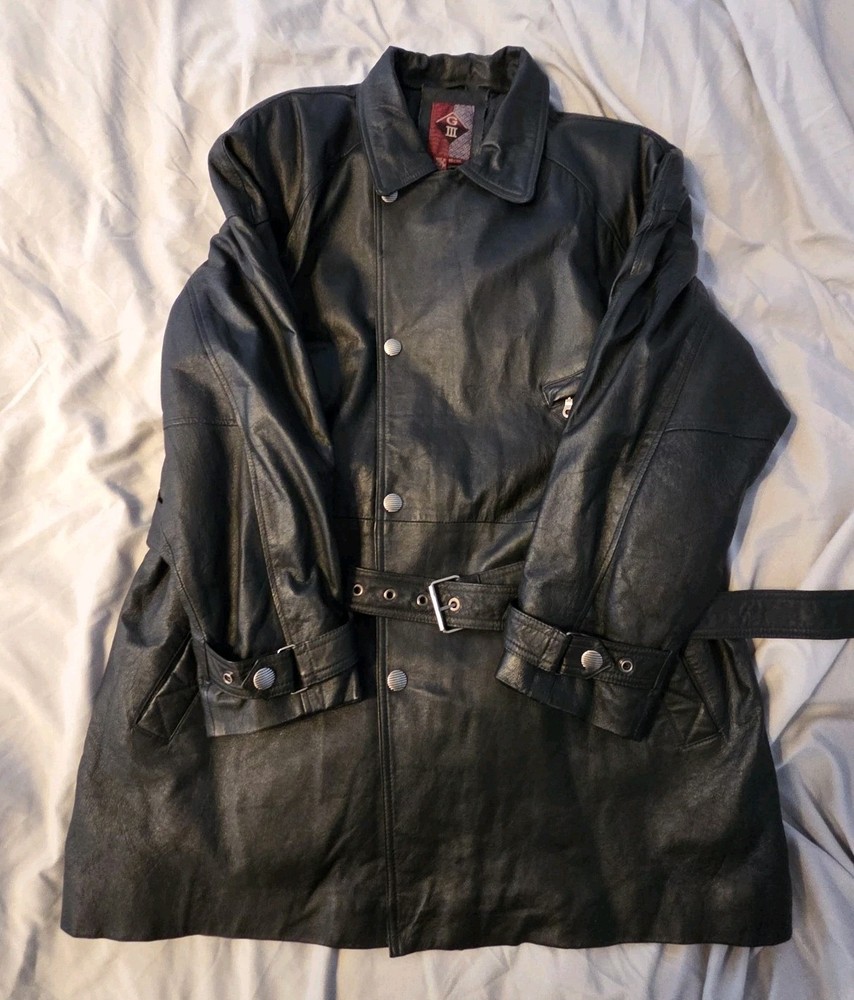 Leather Jacket Men’s XL Vintage G-III Coat Waist Belt Black, Snap and Zipper