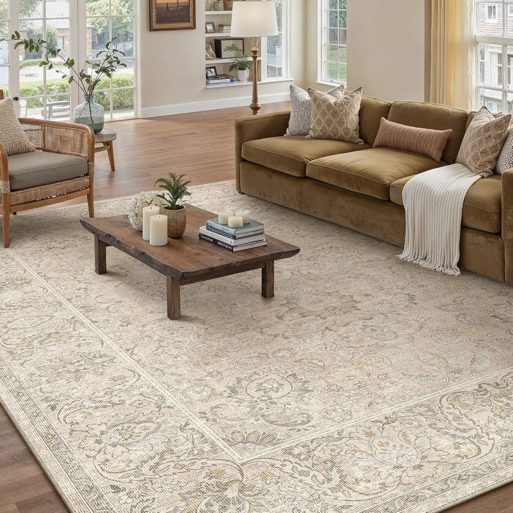5X7 Machine Washable Area Rugs Vintage Beige - Neutral Living Room Bedroom Rug N