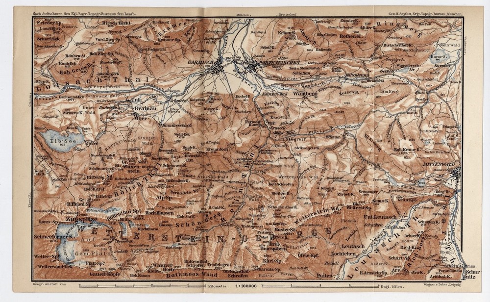 1895 Antique Map Of Garmisch-Partenkirchen Zugspitze Wetterstein Bavaria Germany