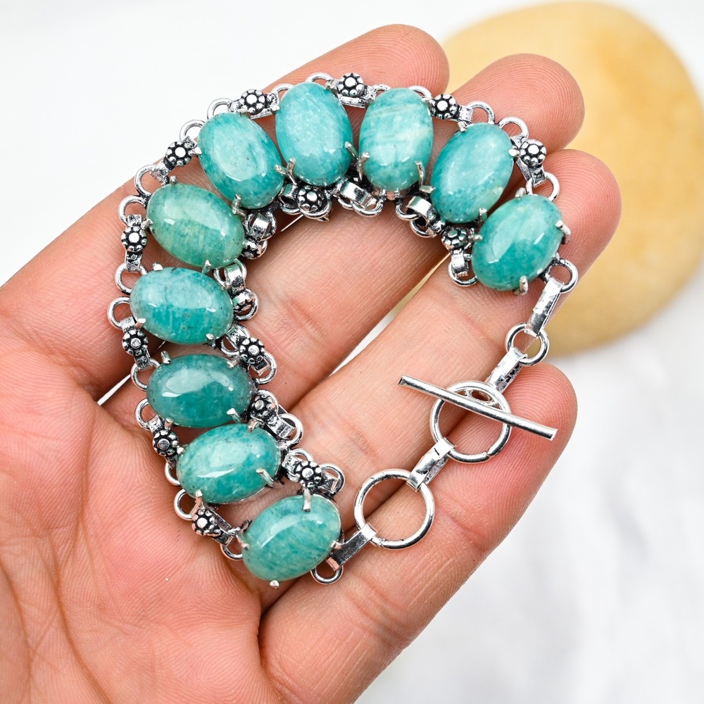 Natural Amazonite Gemstone Handmade 925 Sterling Silver Jewelry Bracelet Gift
