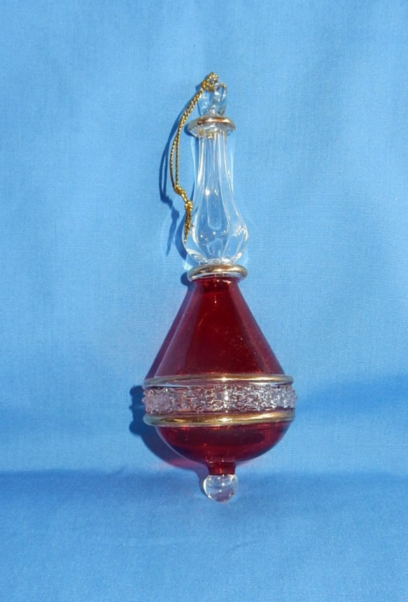 Beautiful Red Gold & Clear Glass Hand Blown Teardrop Christmas Ornament