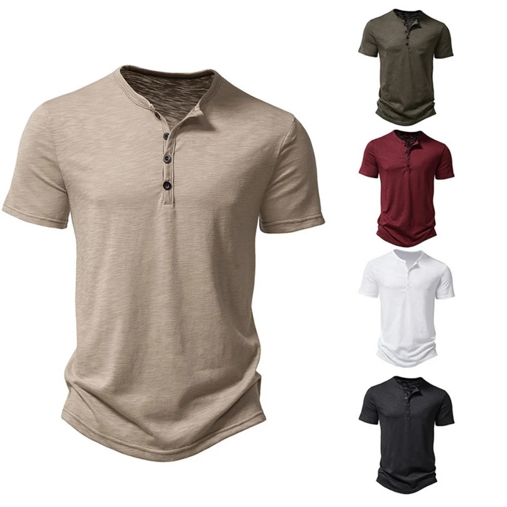Men Henley T Shirt Short Sleeve Solid Color Casual Summer Lightweight Tee