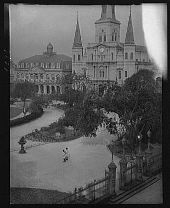 St Louis Cathedral,spires,Cabildo,New Orleans,Louisiana,LA,Arnold Genthe,1920