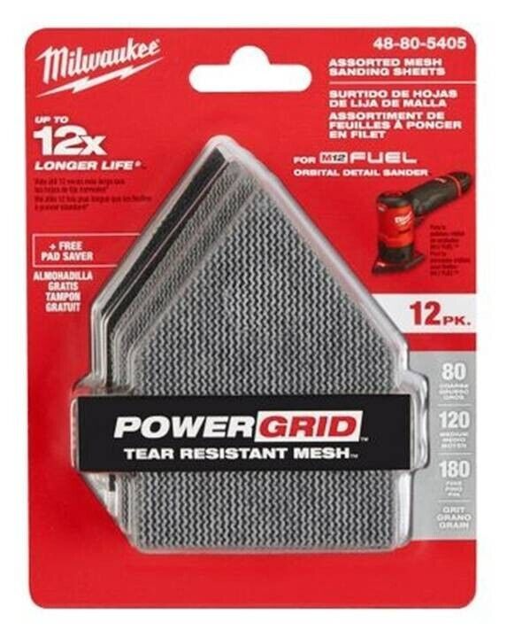 Milwaukee 48805405 80/120/180 Grit Mesh Sanding Sheets For M12 FUEL Orbit, 12-PK