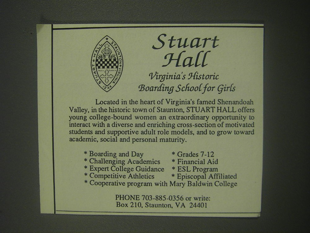 1991 Stuart Hall Boarding School for Girls Ad - Virginia's historic