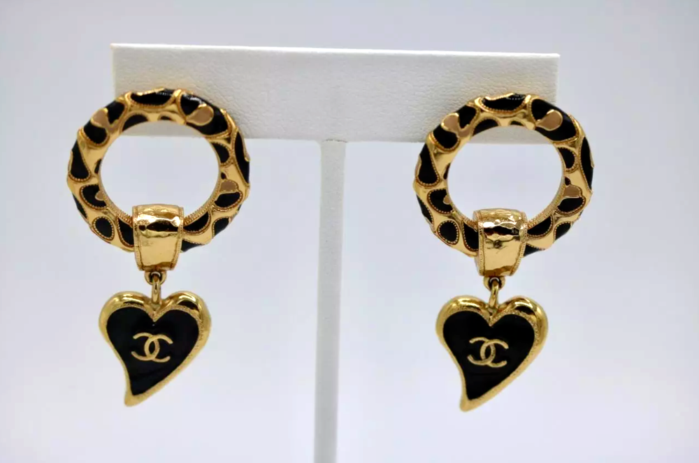 CHANEL 2022 Goldtone Black Beige Enamel Heart Dangle Earrings