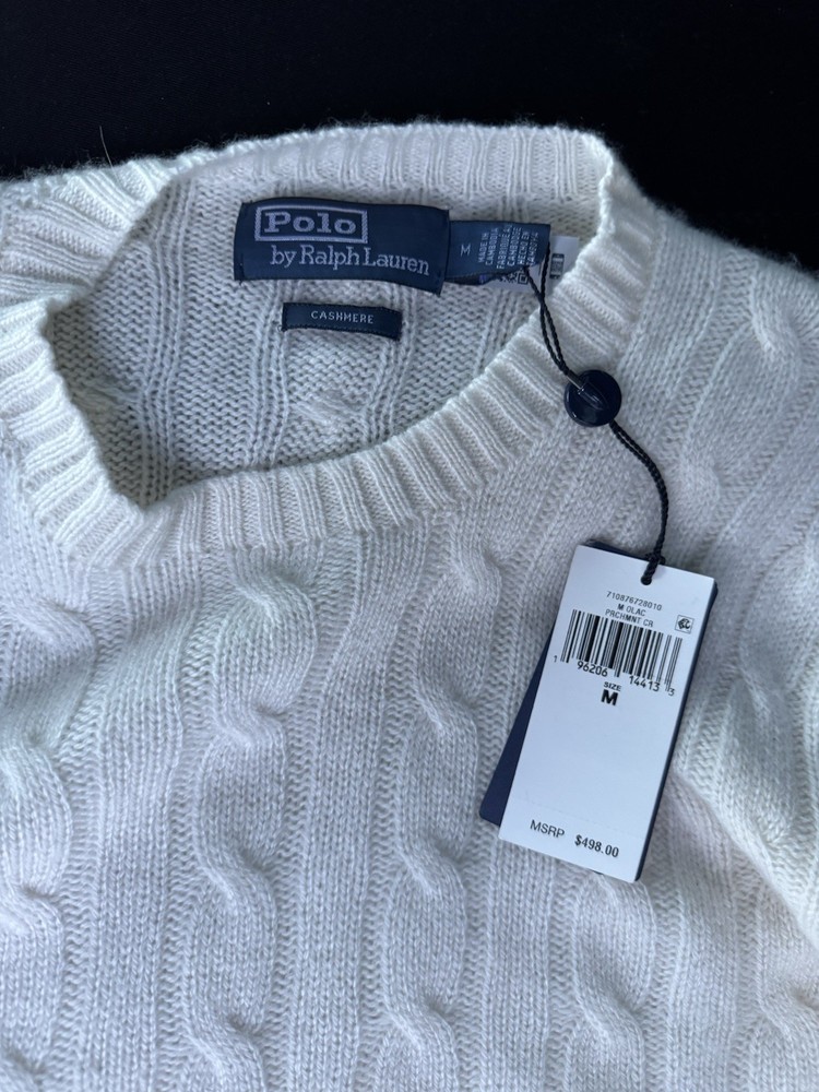 POLO RALPH LAUREN Men's Crew Neck 100% CASHMERE (M) Gray Cable-Knit Sweater