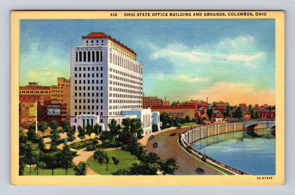 Columbus OH-Ohio State Office Building & Grounds, Scioto River, Vintage Postcard