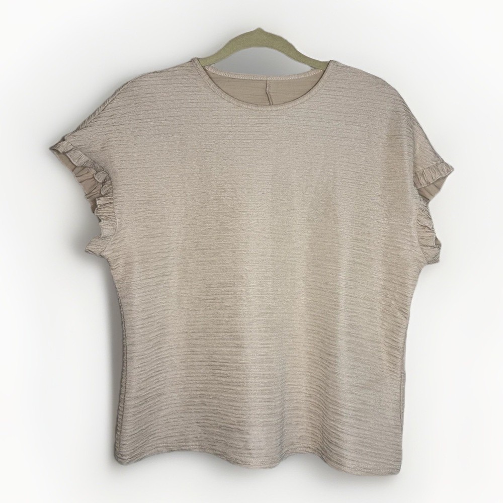 Women's Beige Solid Knit Blouse Short Sleeve Ruffle Sleeve Round Neck M