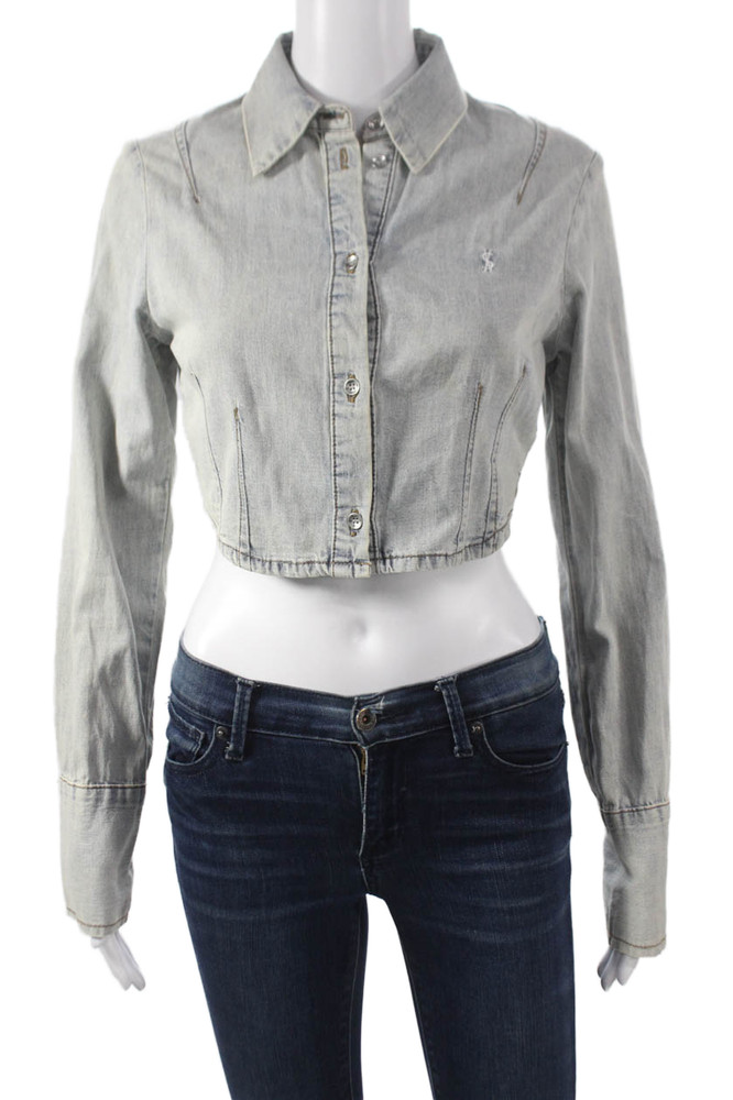 Ksubi Women Cropped Button-Up Collared Gray Cotton Long Sleeve Top Size SFree Shipping in US $100+ Orders | $6.95 Orders Below