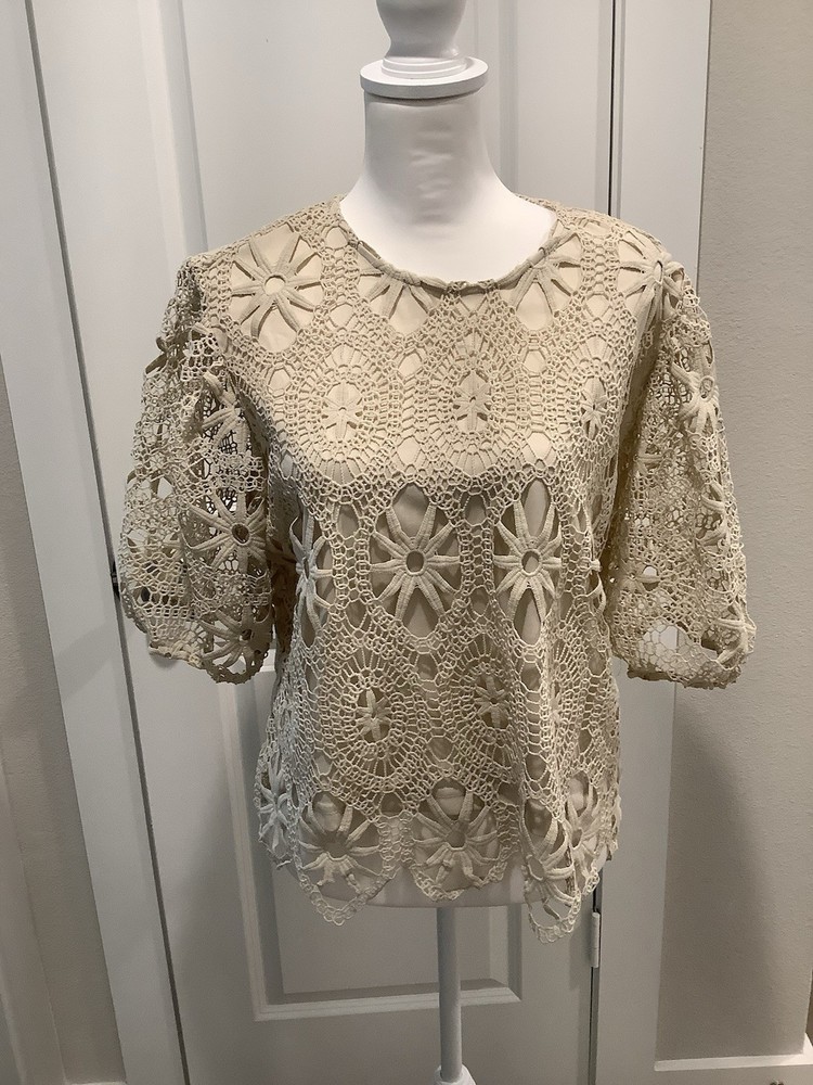 Women's Crochet Top Blouse Boho Style Size XL Tan Beige Short Sleeve