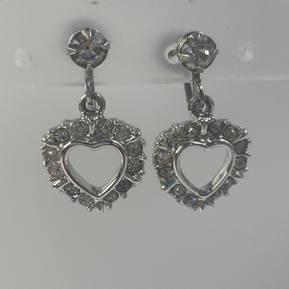 Vintage Mid-Century Silver Tone Rhinestone Heart Screw-Back Earrings-Retro