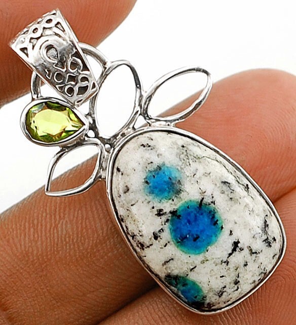 Natural K2 Granite Blue Azurite Peridot 925 Sterling Silver Pendant  
