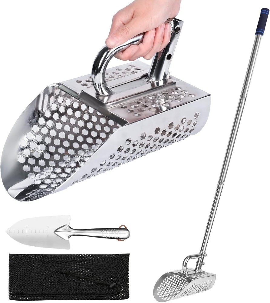 Sand Scoop with Long Handle, Stainless Steel Metal Detector Sand Scoops, Hand...