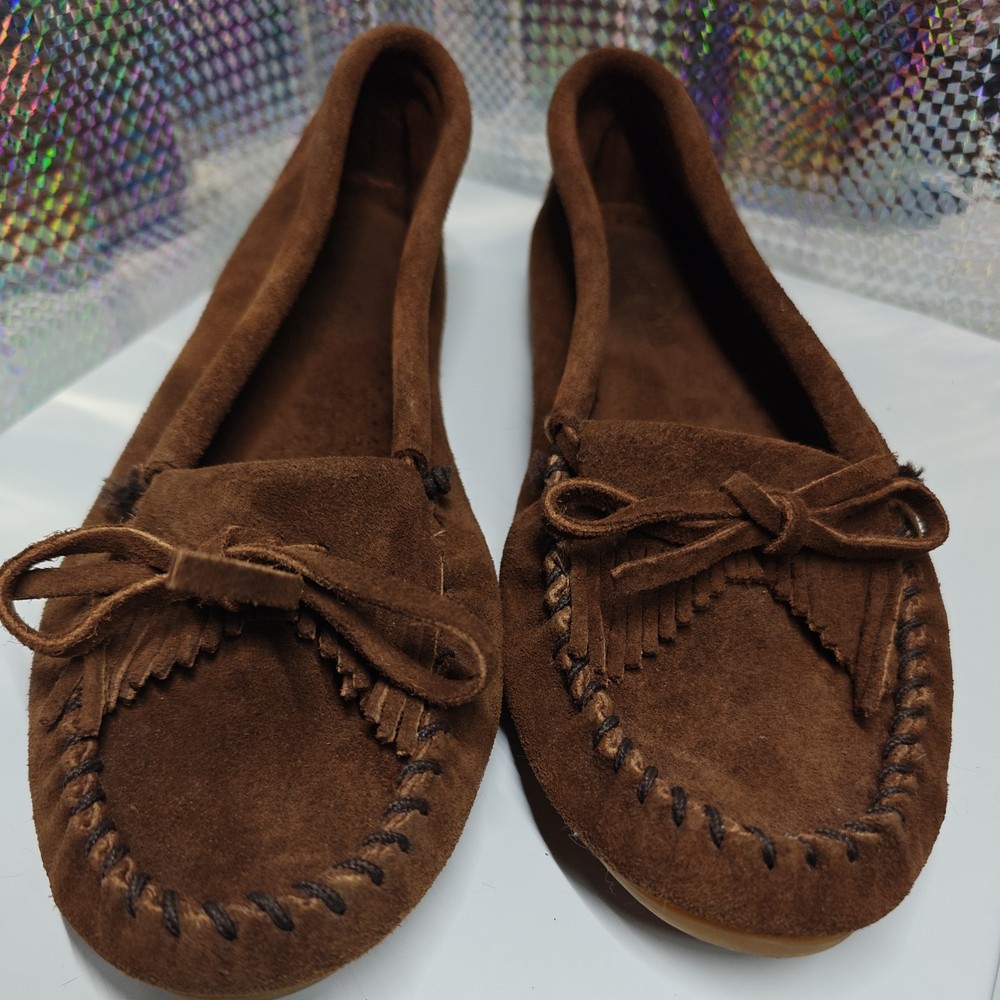 Minnetonka Womens Kilty Moccasin Slipper Flats Size 8.5 Brown Suede Casual