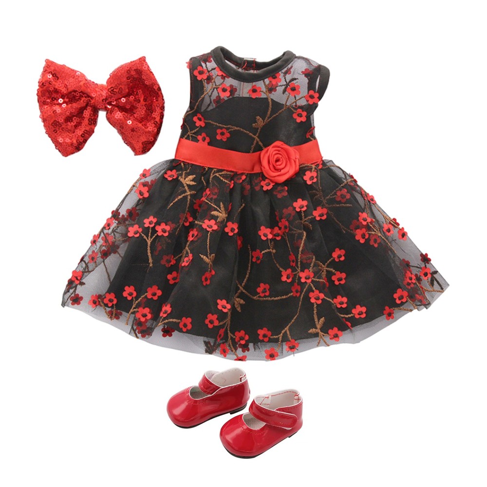for 18'' American Girl Doll Clothes 3pcs lace flower dress & bow & shoes set