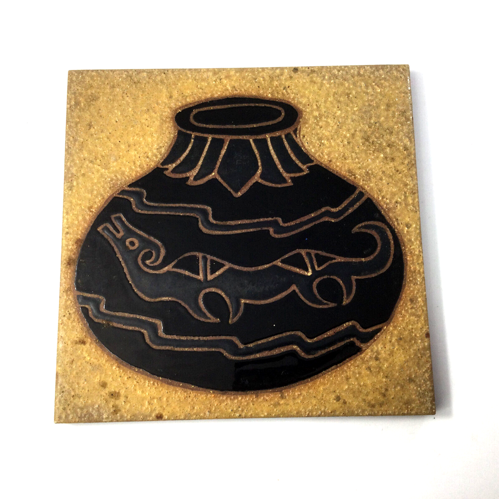 Whipple & Sibley Native American Ceramic Trivet Tile 6x6 Beige Black Vase Design