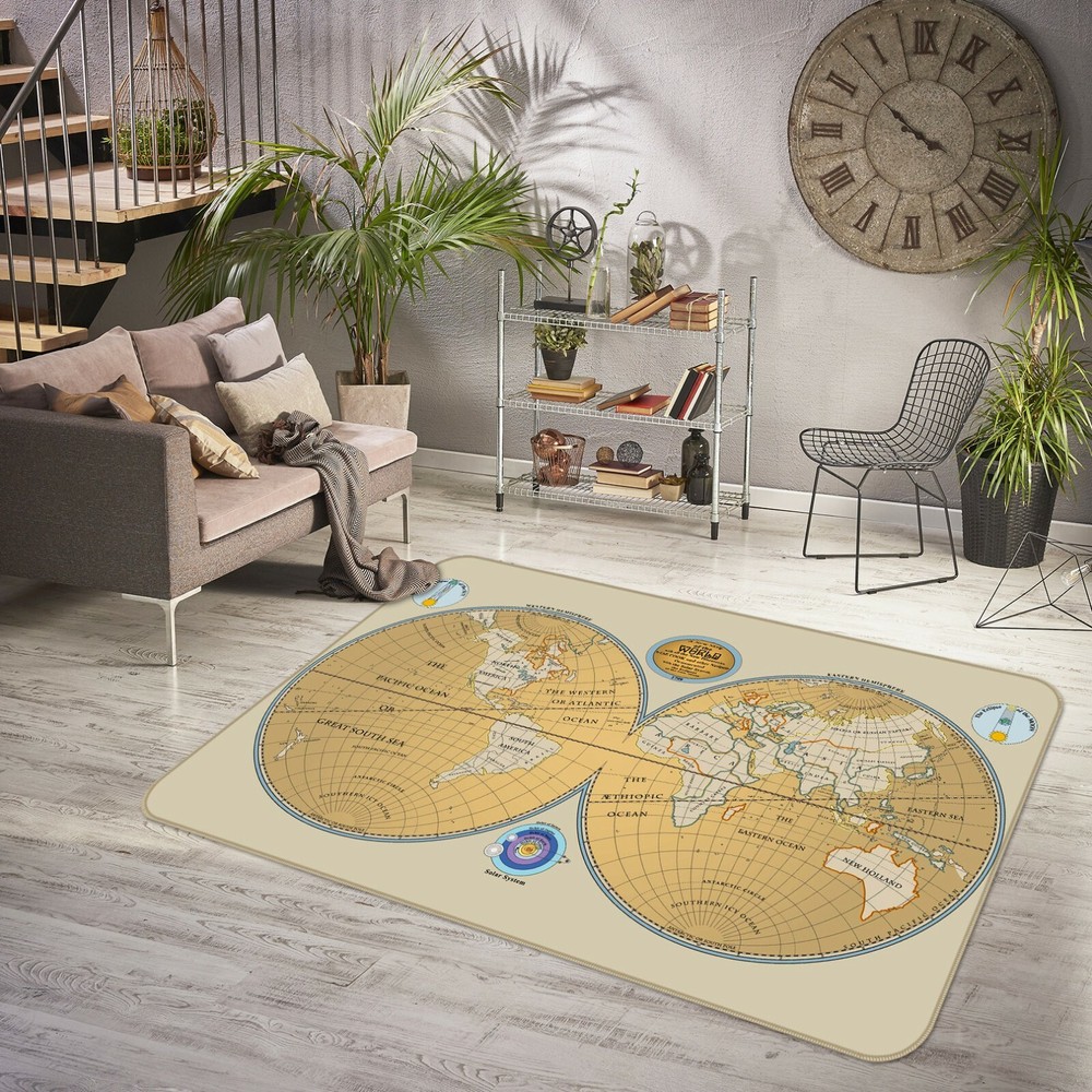 3D Solar System Non-Slip Rug Mat with World Map Design for Home Decor