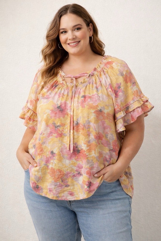 Zac& Rachel Woman’s 2x Boho Floral Peasant Ruffle Sleeve Smocked Neck Cottage