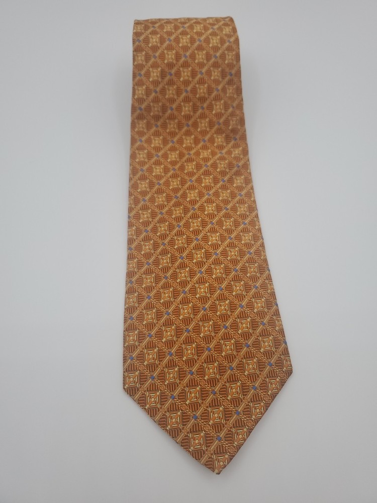 Robert Talbott Harrison Limited Silk Tie Gold & Blue Geometric Squares Hand Sewn