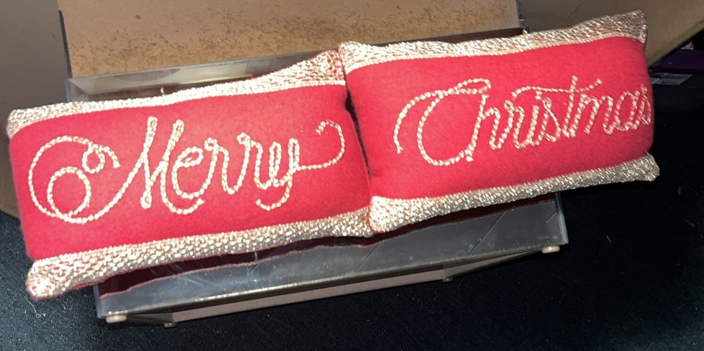 Vantage Accent Red/Gold  Wool Embroided Merry Christmas Lumbar Throw Pillow-image
