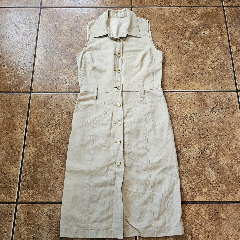 Vintage Beige Midi Dress Button Up Simple Classic Minimal Sleeveless