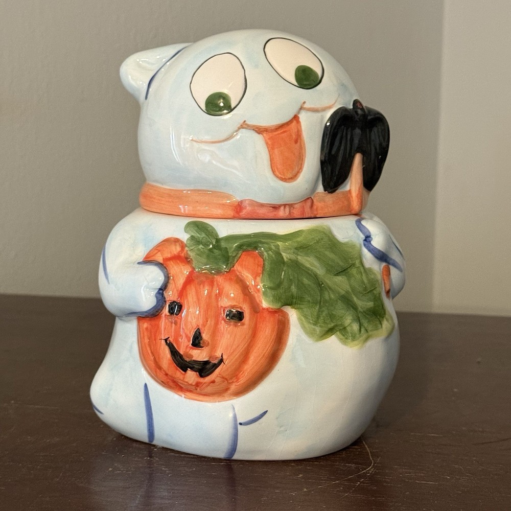Halloween Ghost Cookie Jar  Boo Bat Pumpkin Silly Blue Black Orange Green