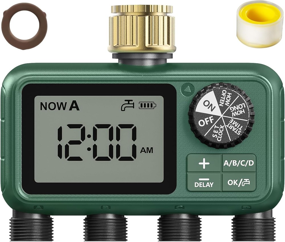 4 Outlet Sprinkler Timer Brass, Programmable Garden Hose Timer With Rain Delay,