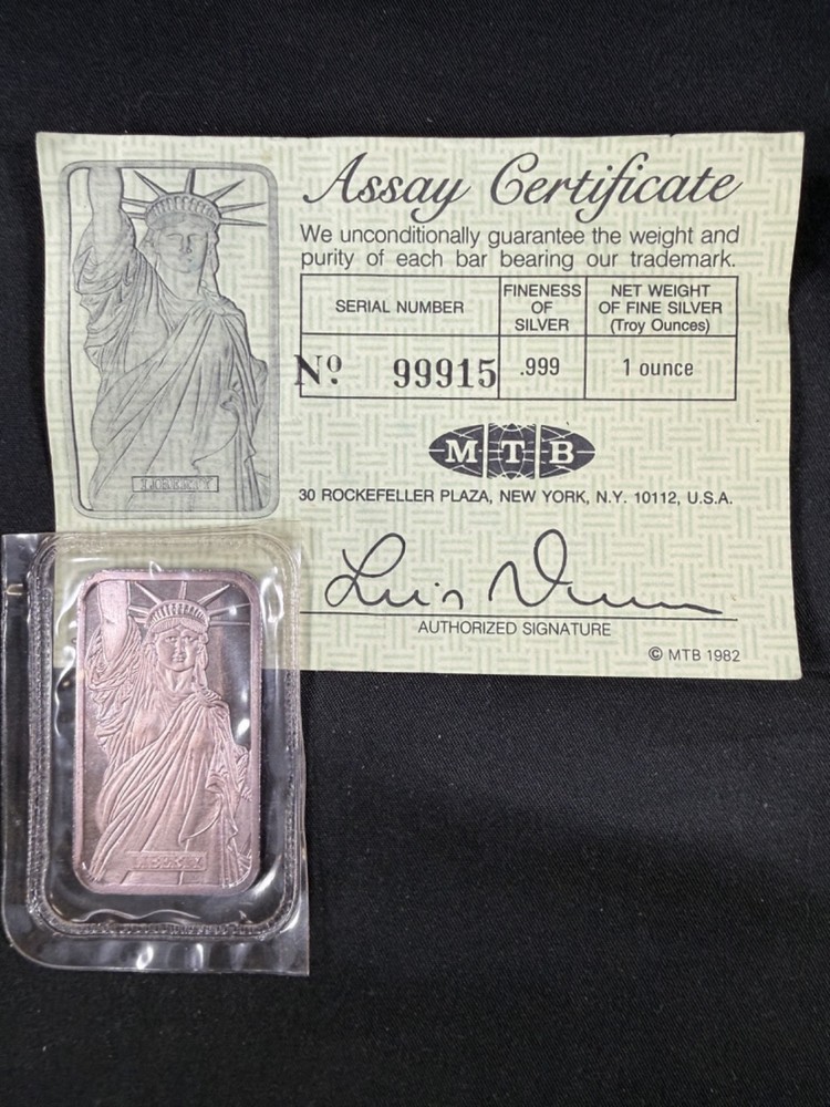 VINTAGE MTB JOHNSON MATTHEY 1oz .999 Silver Statue of Liberty Bar w/ Assay Cert!