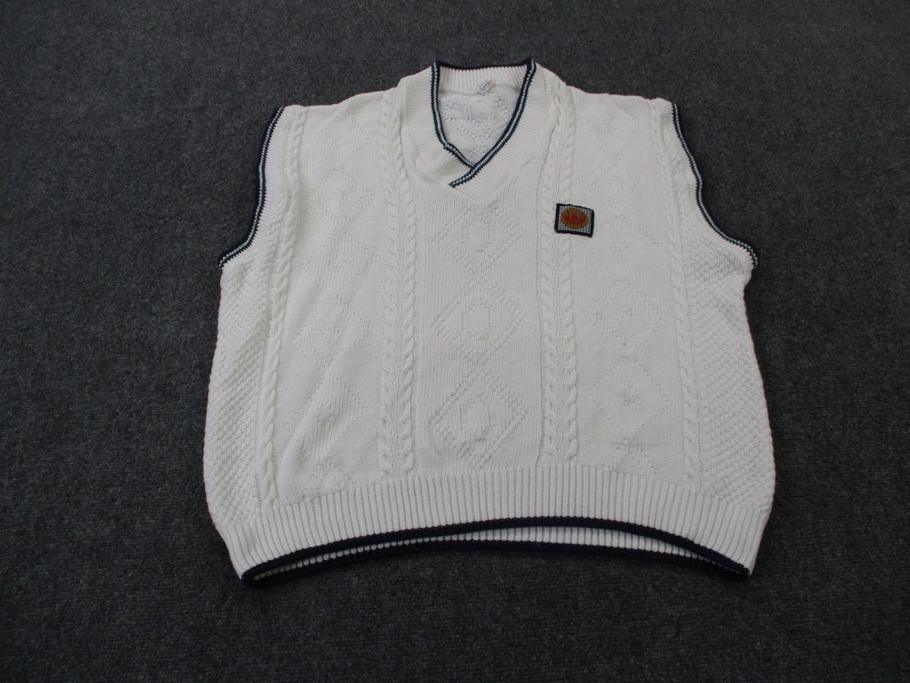 Vintage Adidas Sweater Vest Mens L White Vest Preppy Chunky Knit Privasport 80s