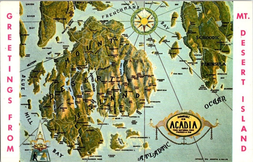 Vintage Mount Desert Island Map Postcard Acadia National Park Maine-image