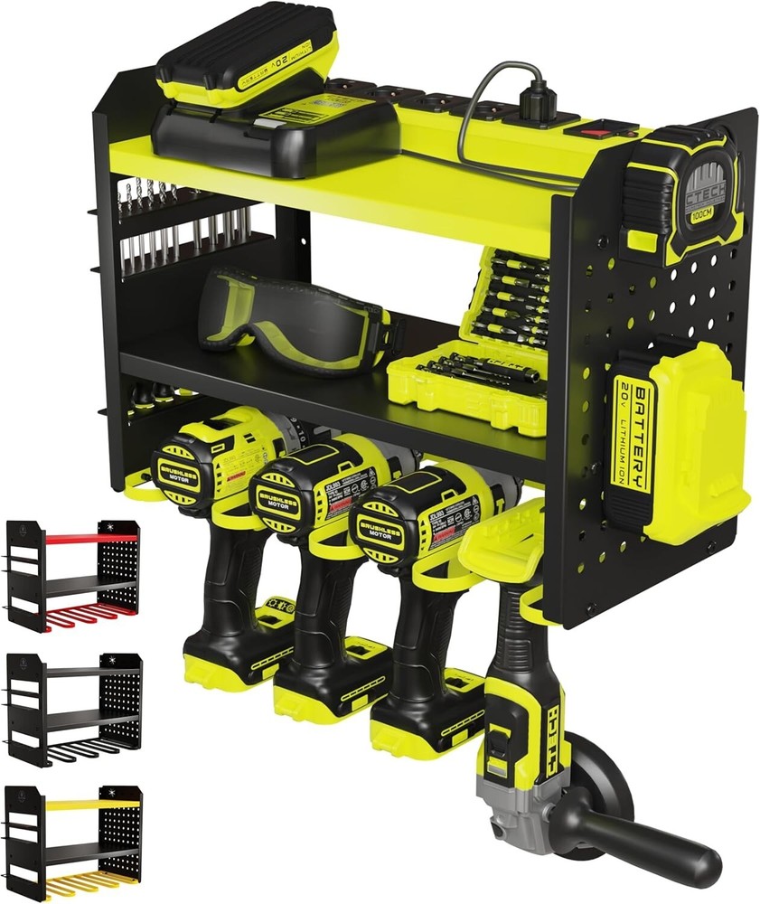 Rust-Resistant 3-Shelf Metal Tool Organizer with Drill Holders for Garage Storage  