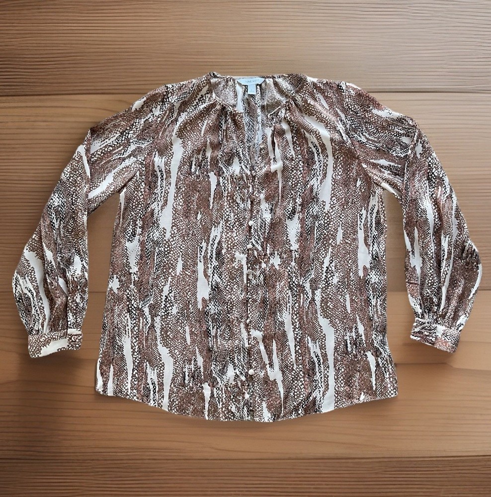 NINE WEST Women’s L Business Casual Snakeskin Print Button Up Blouse Shirt