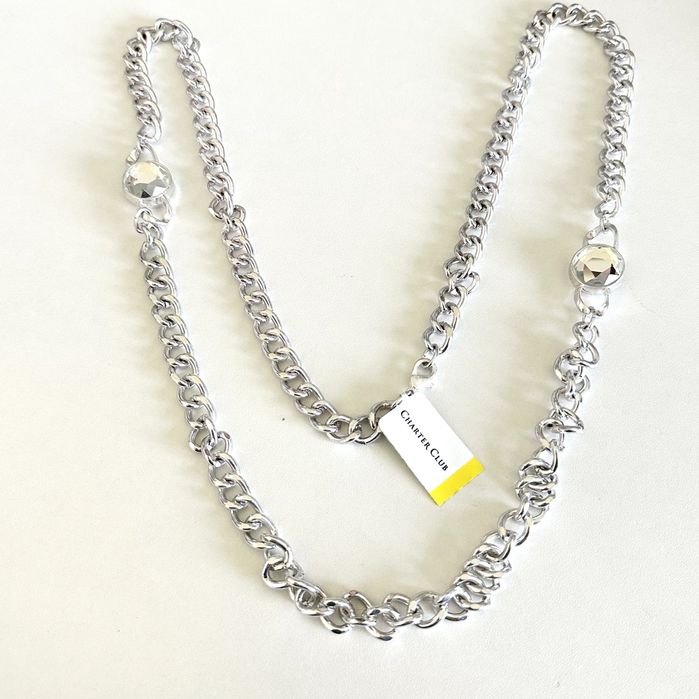 Charter Club NWT Clear Rhinestone Silver Tone Long Chunky Curb Necklace 36