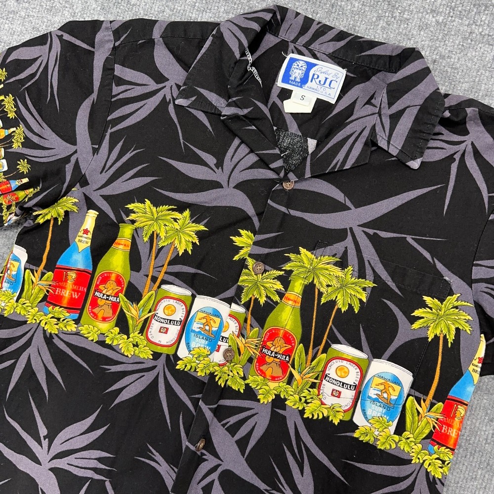 RJC Hawaiian Shirt Mens S Black Short Sleeve Button Front Beer Lager Floral USA
