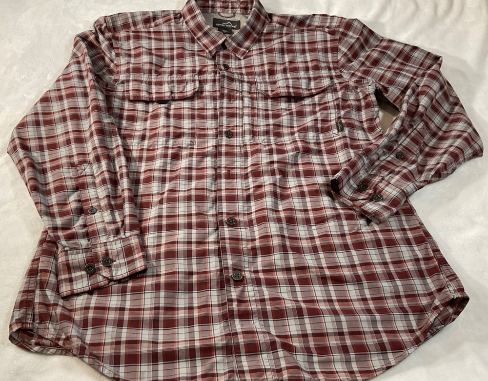 Eddie Bauer Travex Men's Shirt Medium Red Plaid Long Sleeve Hiking Outdoor L/S