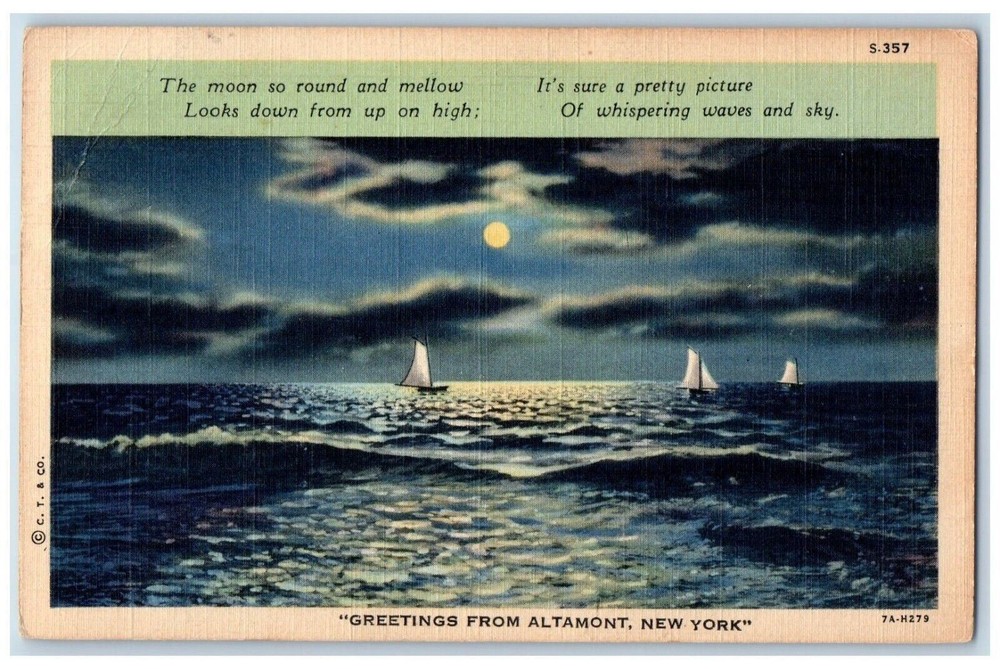 1942 Greetings From Moonlight Moon Night Sailboat Altamont New York NY Postcard