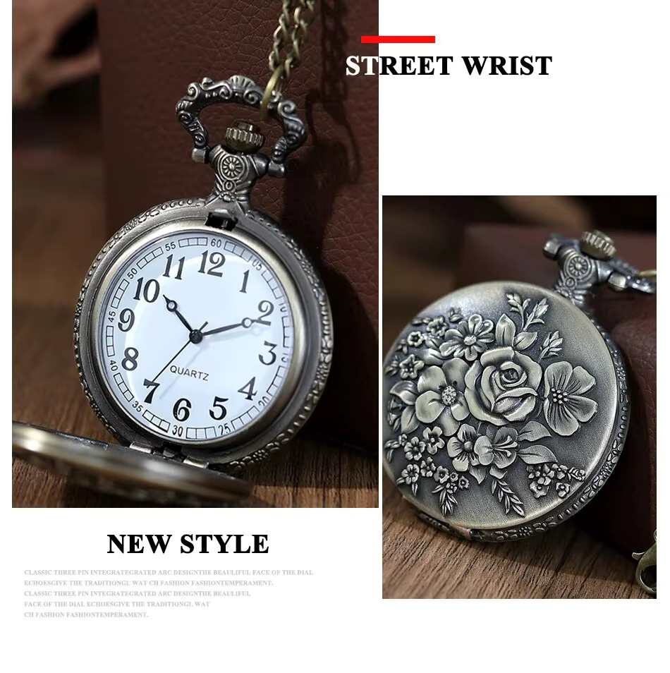 Roman Numerals Quartz Pocket Watch Hollow Case Carve Designs Unisex Fob Watch