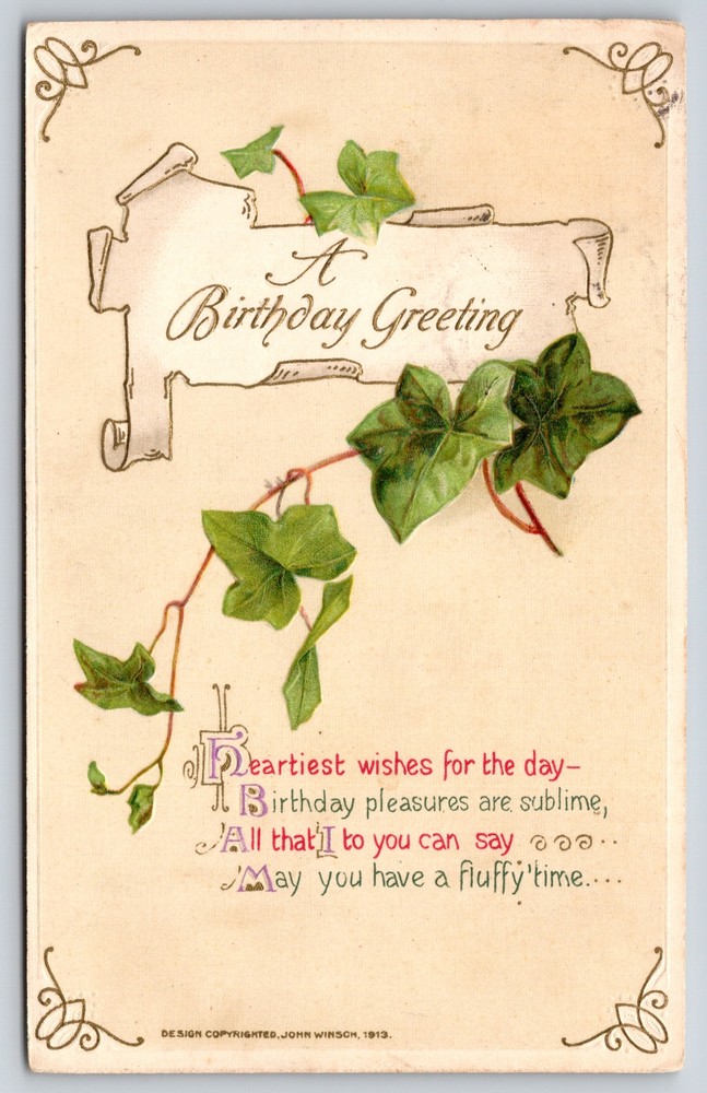 Greetings~Leaves & Birthday Greeting Poem~Winsch Pub Vintage Postcard