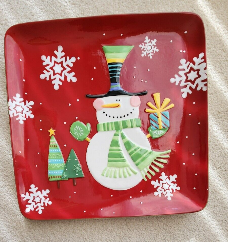Jolly Holiday Snowman Hand-Painted 14x14 Pier 1 Serving Plate for Desserts