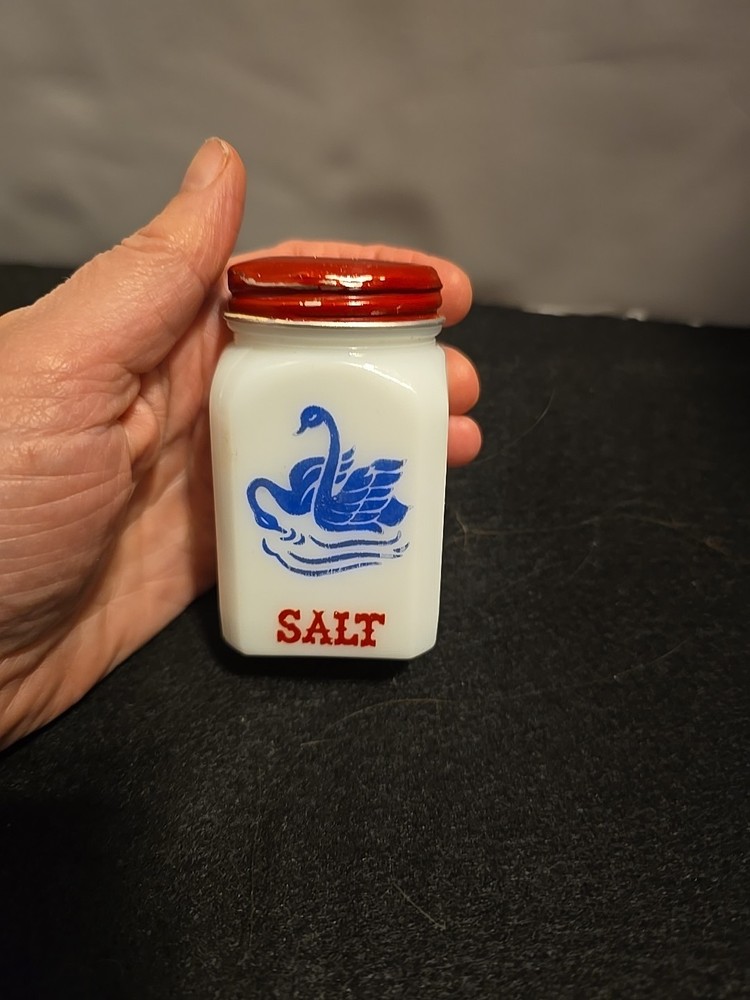Vntg Milk Glass Salt Shaker, Blue Swan, Red Lid Made In The USA Original Lid