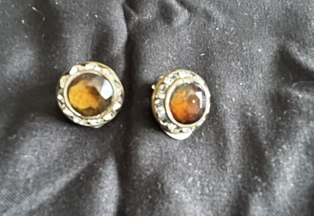 Stylish Brown Citrine Clip Earrings with Rhinestones, Under 3/4 Inch